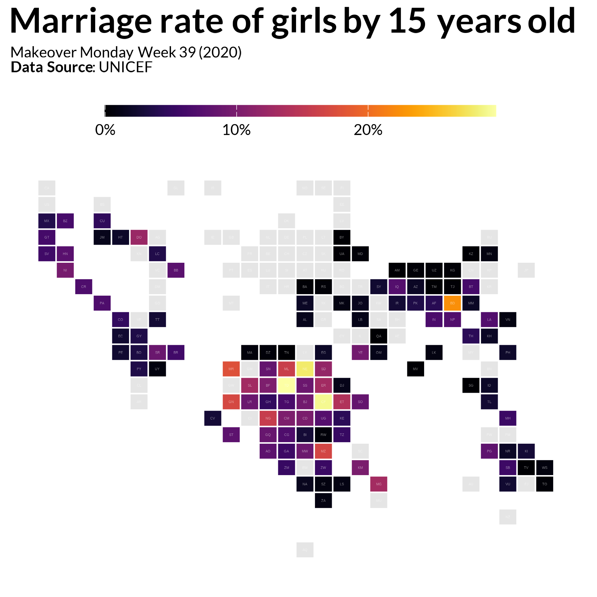 Stylized tile map showing the rate of marriage among girls aged 15. This type of map can be an effective way to communicate geographic patterns, while avoiding some shortcomings of typical map projections, like land area having large differences that can introduce cognitive biases. Source: UNICEF.